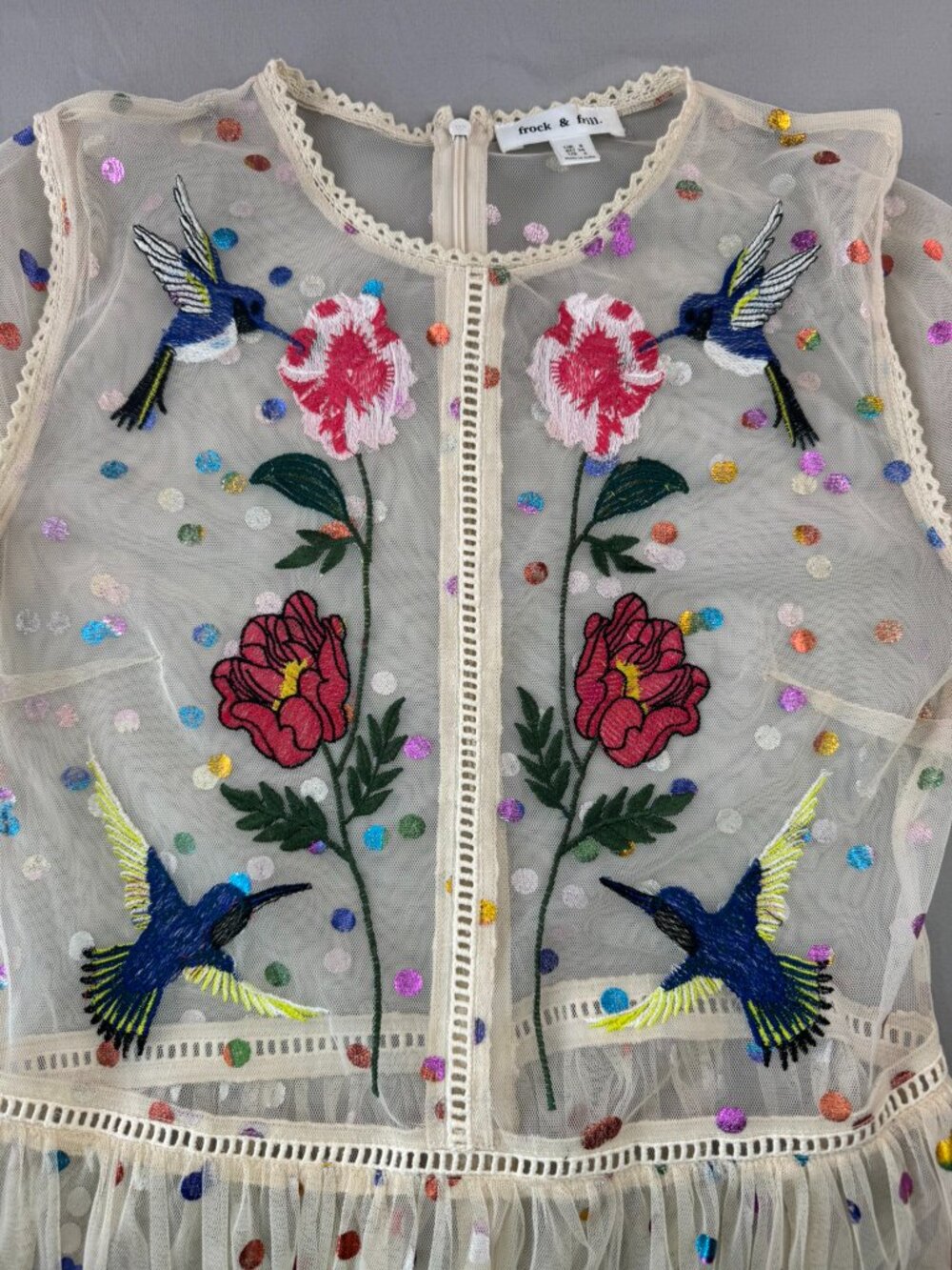 Frock & Frill Sx 4 Floral Bird Embroidered Maxi Dress Allover Rainbow Polka Dot - Picture 6 of 9